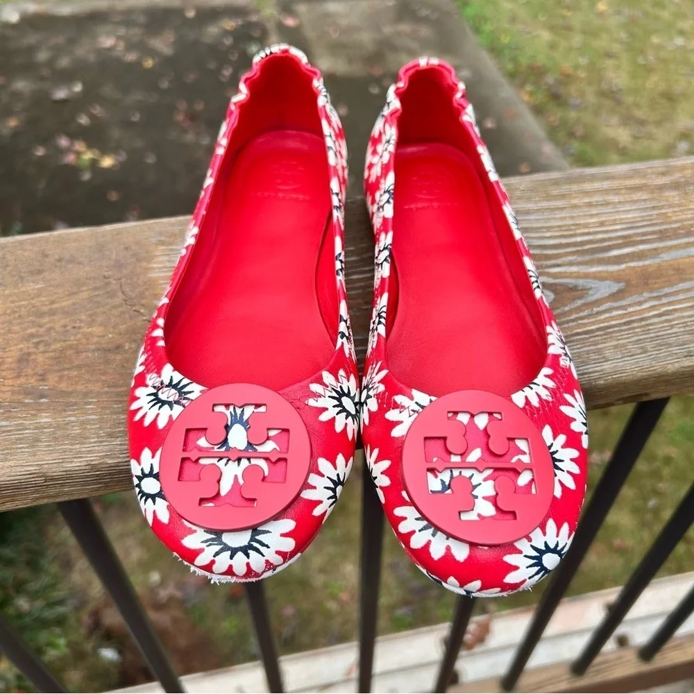 Tory Burch ballet flats red floral daisy